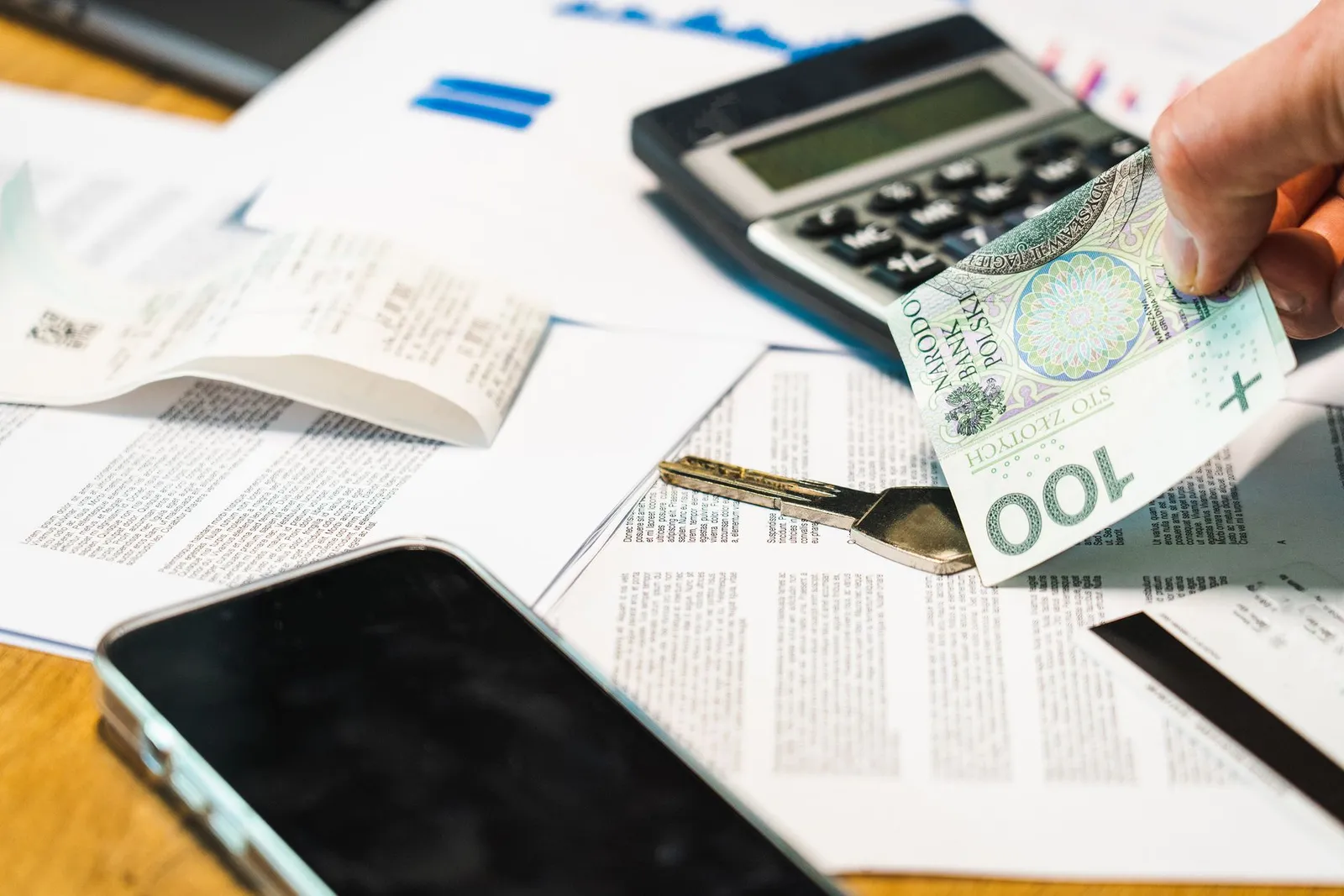 Desk with credit report documents and smartphone showing credit score